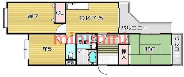 エスポワール高槻｜大阪府高槻市宮田町１丁目(賃貸マンション3DK・3階・58.00㎡)の写真 その2