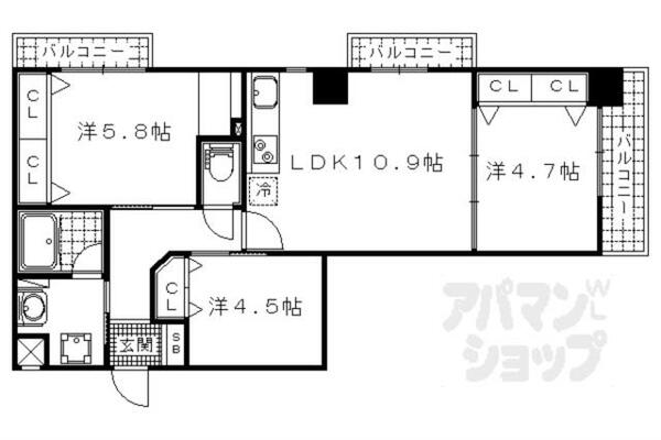 京都府京都市山科区東野中井ノ上町(賃貸マンション3LDK・9階・59.42㎡)の写真 その2