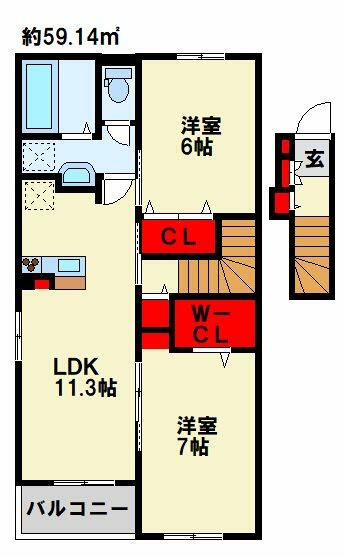 サニーブリーズ行事　Ｃ棟 203｜福岡県行橋市行事３丁目(賃貸アパート2LDK・2階・59.14㎡)の写真 その2