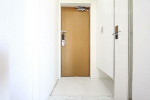 画像10:タイルまで真っ白な玄関にブラウンの扉！