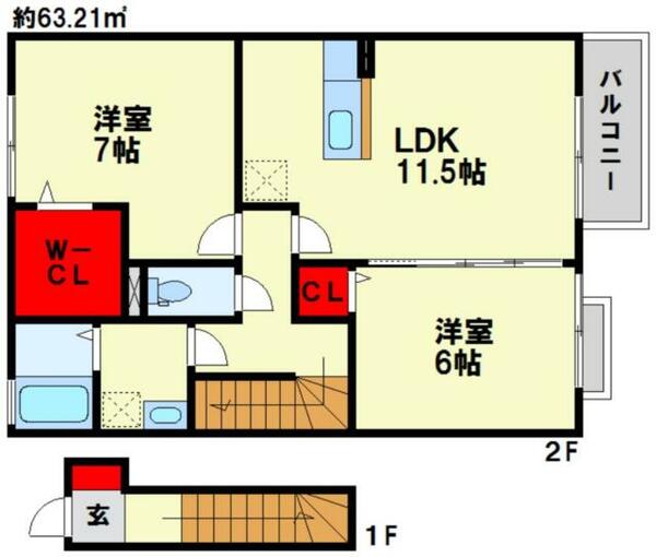 グレイス若久　Ａ 201｜福岡県福岡市南区若久５丁目(賃貸アパート2LDK・2階・63.21㎡)の写真 その2