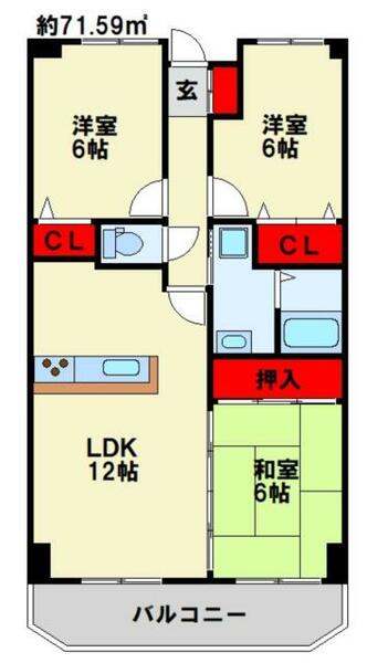 カサブランカフィールド 402｜福岡県北九州市小倉南区田原新町２丁目(賃貸マンション3LDK・4階・71.59㎡)の写真 その2