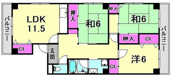 兵庫県西宮市瓦林町(賃貸マンション3LDK・3階・76.00㎡)の写真 その2