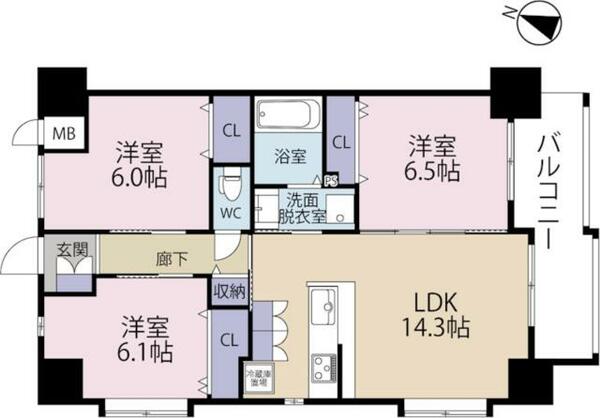 福岡県北九州市八幡西区浅川台１丁目(賃貸マンション3LDK・14階・71.24㎡)の写真 その2