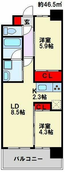 コンダクトレジデンスＦＵＴＡＪＩＭＡ 206｜福岡県北九州市若松区童子丸１丁目(賃貸マンション2LDK・2階・46.50㎡)の写真 その2