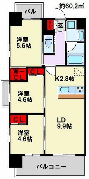 コンダクトレジデンスＦＵＴＡＪＩＭＡ｜福岡県北九州市若松区童子丸１丁目(賃貸マンション3LDK・4階・60.20㎡)の写真 その2