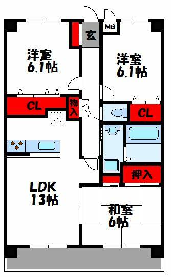 福岡県古賀市花見東５丁目(賃貸マンション3LDK・5階・70.62㎡)の写真 その2