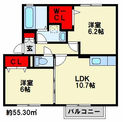 ウィングランデＭＩＩ　Ａ棟 202｜福岡県行橋市西宮市１丁目(賃貸アパート2LDK・2階・55.30㎡)の写真 その2