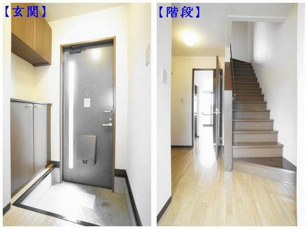 画像9:【玄関】テラスハウスタイプの物件ですので、室内に階段がございます♪♪玄関ドアはどっしりとしていて安心