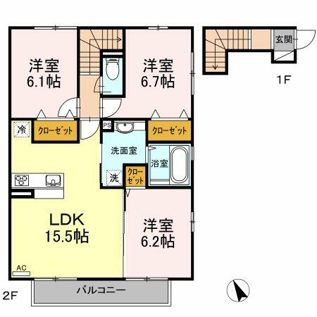 鹿児島県指宿市十町(賃貸アパート3LDK・2階・78.35㎡)の写真 その2