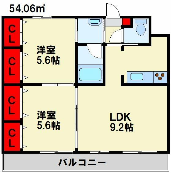 福岡県北九州市八幡西区八枝３丁目(賃貸マンション2LDK・5階・54.06㎡)の写真 その2