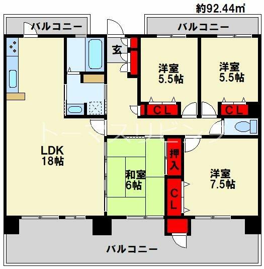 アーティックスヴィセント大手町 303｜福岡県北九州市小倉北区大手町(賃貸マンション4LDK・3階・92.44㎡)の写真 その2