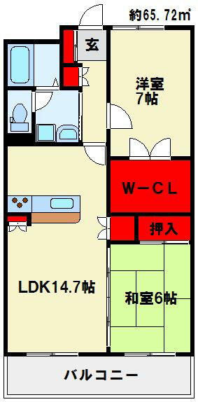 シャトレ大手町　Ｓ棟 205｜福岡県北九州市小倉北区大手町(賃貸マンション2LDK・2階・65.72㎡)の写真 その2