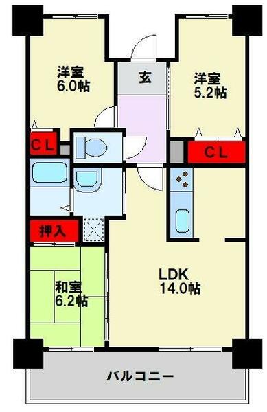 福岡県北九州市八幡東区西本町４丁目(賃貸マンション3LDK・13階・67.70㎡)の写真 その2