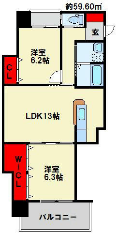 福岡県北九州市小倉北区下到津１丁目(賃貸マンション2LDK・8階・59.60㎡)の写真 その2