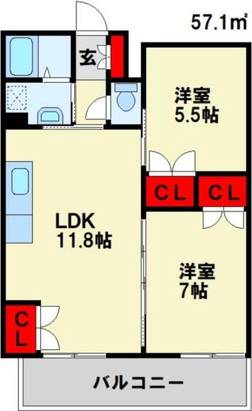 ＲＥＺＩＡ小倉 1302｜福岡県北九州市小倉北区京町４丁目(賃貸マンション2LDK・13階・57.10㎡)の写真 その2