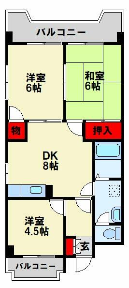 シャトレ中井 503｜福岡県北九州市小倉北区中井５丁目(賃貸マンション3DK・5階・54.45㎡)の写真 その2