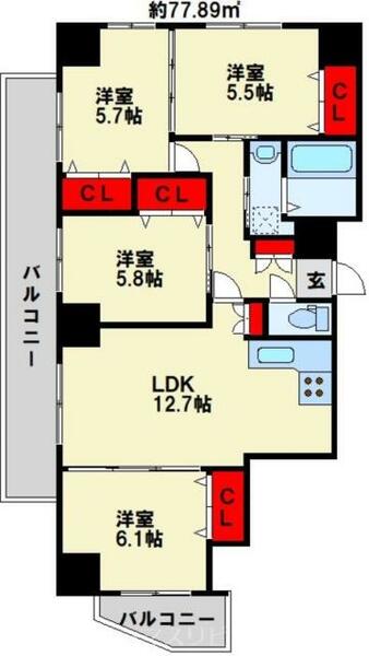 ル・シエル 802｜福岡県北九州市小倉北区金田２丁目(賃貸マンション4LDK・8階・77.89㎡)の写真 その2