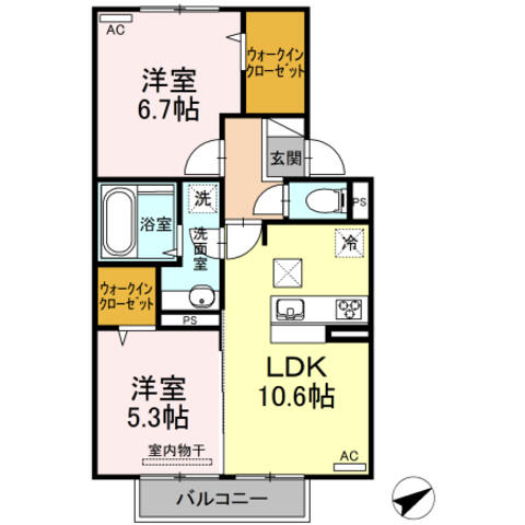 プレミアム１１・１２番館　ＡＢ棟 A102｜大分県中津市大字蛎瀬(賃貸アパート2LDK・1階・54.70㎡)の写真 その2