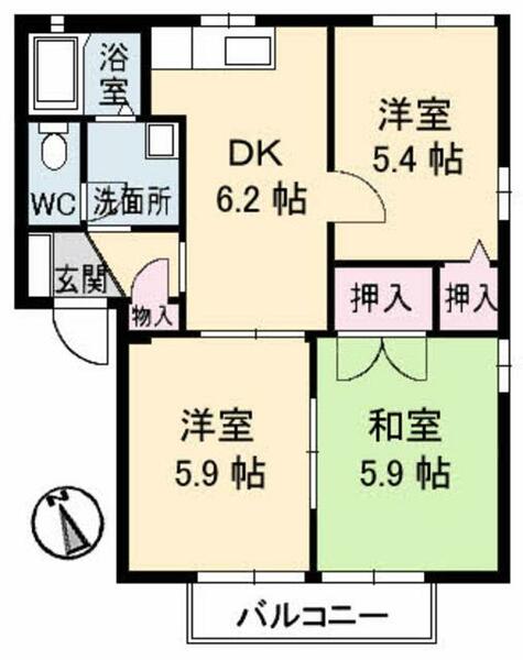 エスポワール　Ｅ棟 E0202｜高知県南国市小籠(賃貸アパート3DK・2階・50.66㎡)の写真 その2