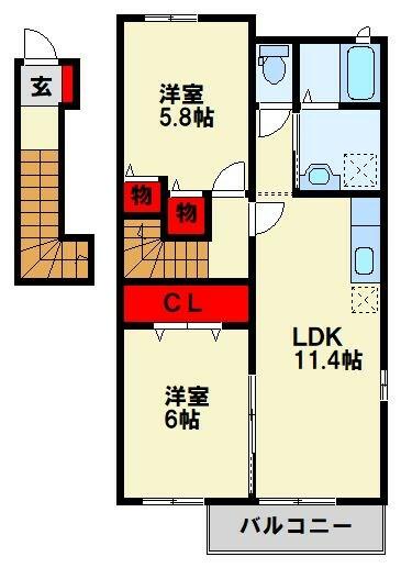 メゾングラースＩＩＩ｜福岡県遠賀郡水巻町伊左座５丁目(賃貸アパート2LDK・2階・55.81㎡)の写真 その2