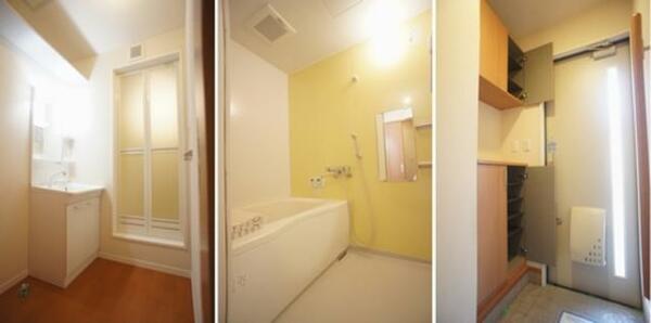 画像16:■洗面所・浴室■左の写真は洗髪洗面化粧台。中央の写真は浴室。右の写真はシューズＢＯＸです。