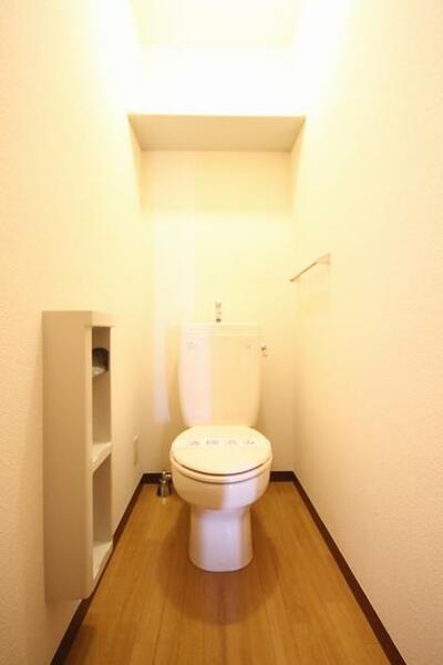 画像16:【トイレ】収納棚、小物収納、タオル掛完備。
