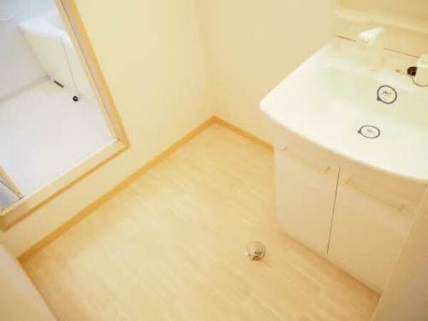 洗面所：洗濯機を置いても余裕のあるスペースの洗面所です◎シャンプードレッサー付き洗面台です！