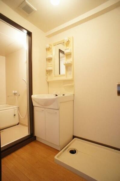 画像9:【洗面所】　洗面台の隣に洗濯機置き場。奥の扉は浴室です。