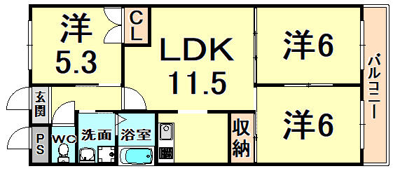 イプシロンＣ棟 316｜兵庫県尼崎市田能４丁目(賃貸マンション3LDK・3階・61.02㎡)の写真 その2