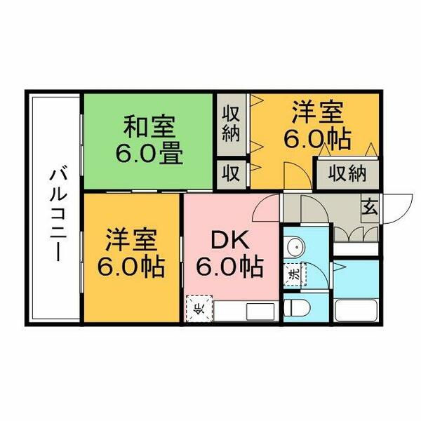 グリーンライフ長門石 B206｜福岡県久留米市長門石４丁目(賃貸アパート3DK・2階・56.00㎡)の写真 その2