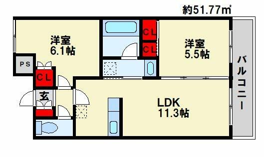 アサート木屋瀬 205｜福岡県北九州市八幡西区木屋瀬２丁目(賃貸マンション2LDK・2階・51.77㎡)の写真 その2