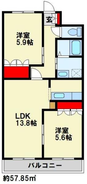 Ｖｅｒｓ　Ｌ’ａｖｅｎｉｒ 206｜福岡県北九州市八幡西区馬場山原(賃貸アパート2LDK・2階・57.85㎡)の写真 その2