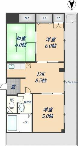 板倉第一ビル 501｜大阪府八尾市東本町３丁目(賃貸マンション3DK・5階・60.00㎡)の写真 その2