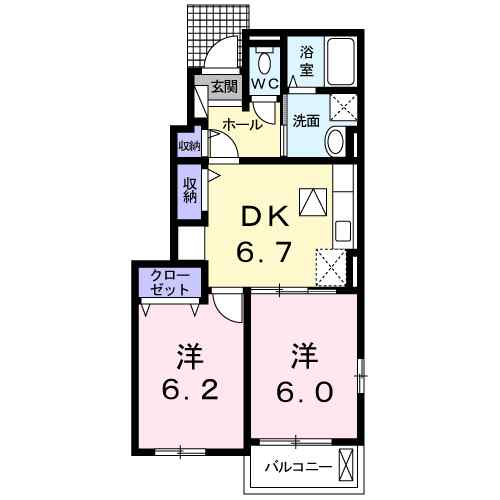 フロー　デ　セリシール　Ⅱ 101｜熊本県宇城市不知火町御領(賃貸アパート2DK・1階・45.82㎡)の写真 その2