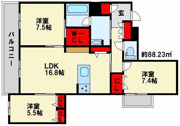 Ｈｅｒｉｔａｇｅ　ＮＡＫＡＩ　Ｍａｎｏｉｒ 203｜福岡県北九州市小倉北区中井３丁目(賃貸マンション3LDK・2階・88.23㎡)の写真 その2