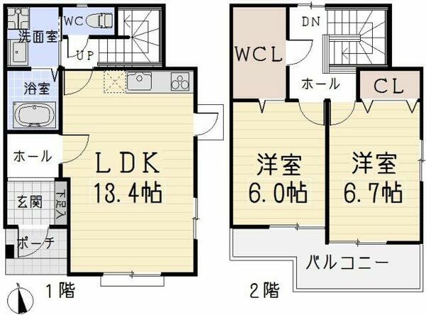 愛知県北名古屋市六ツ師山の神(賃貸テラスハウス2LDK・--・71.71㎡)の写真 その2