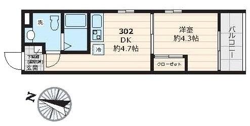 ボウ　ベルズ　ハウス笹塚 302｜東京都杉並区方南１丁目(賃貸マンション1DK・3階・24.11㎡)の写真 その2