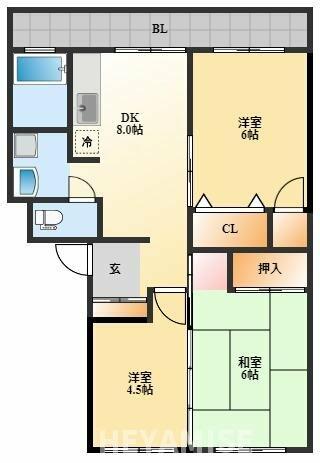 レイクサイドハイツＣ 404｜長崎県長崎市昭和３丁目(賃貸マンション3DK・4階・57.96㎡)の写真 その2