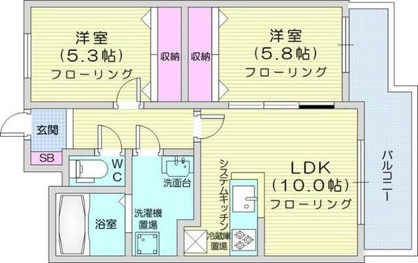 ヴィアーレ２１｜北海道札幌市東区北二十一条東１５丁目(賃貸マンション2LDK・9階・55.62㎡)の写真 その2