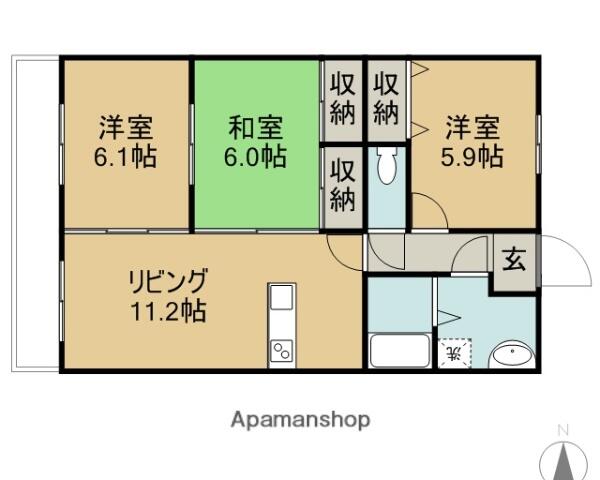 ビュースカイ 103｜熊本県玉名市築地(賃貸マンション3LDK・1階・65.60㎡)の写真 その2