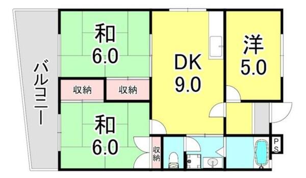 落合ハイツ　Ａ棟｜兵庫県神戸市須磨区北落合１丁目(賃貸マンション3DK・2階・57.15㎡)の写真 その2