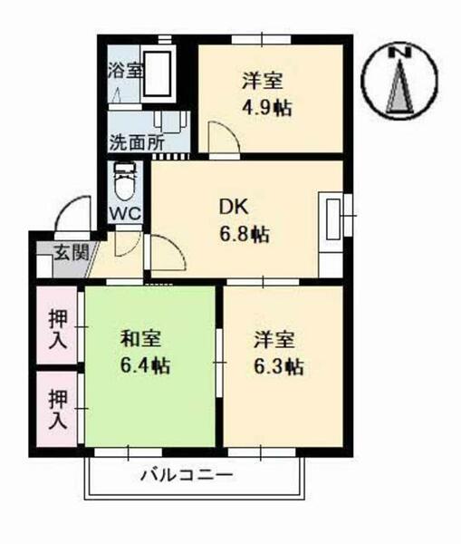 ヴェルディ白石　Ｃ棟 B0201｜愛媛県松山市中村１丁目(賃貸アパート3DK・2階・52.20㎡)の写真 その2