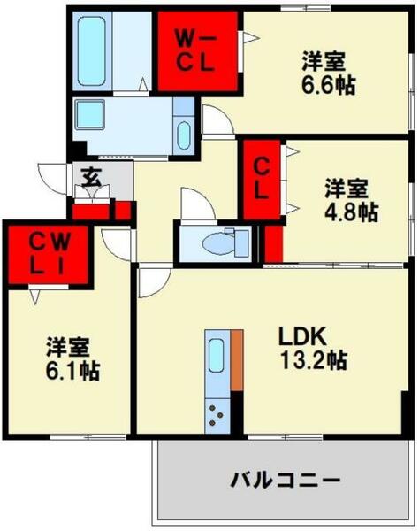 松の杜Ｄ－ＲＯＯＭ 301｜福岡県北九州市小倉北区下到津３丁目(賃貸アパート3LDK・3階・73.38㎡)の写真 その2