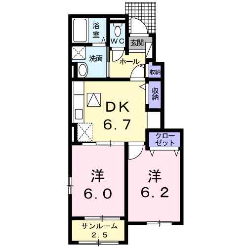 プラシード　Ⅰ 102｜熊本県玉名市築地(賃貸アパート2DK・1階・50.05㎡)の写真 その2