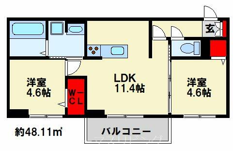 ＡＵＲＡＬＥＥ足立 203｜福岡県北九州市小倉北区足立１丁目(賃貸アパート2LDK・2階・48.11㎡)の写真 その2