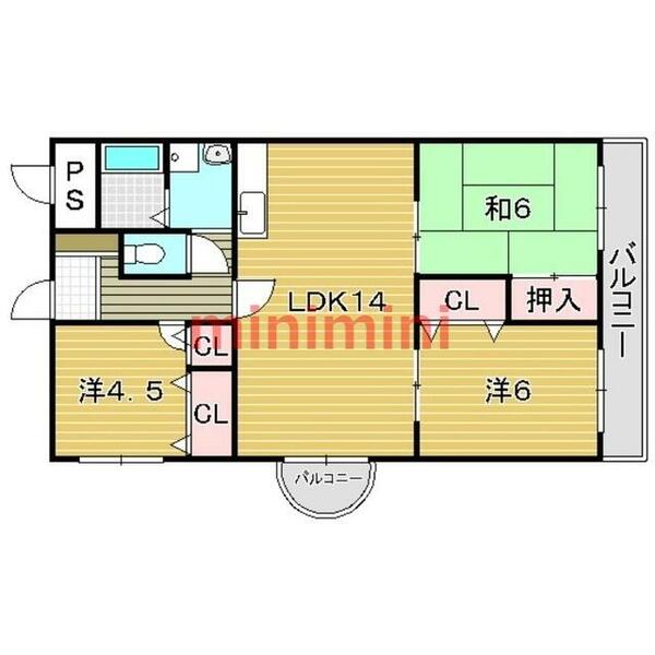 ツインフィールド壱番館｜大阪府吹田市佐井寺３丁目(賃貸マンション3LDK・3階・66.78㎡)の写真 その2