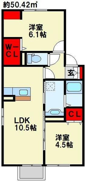 グリシナＨＡＫＵＳＡＮ 101｜福岡県北九州市若松区赤島町(賃貸アパート2LDK・1階・50.42㎡)の写真 その2