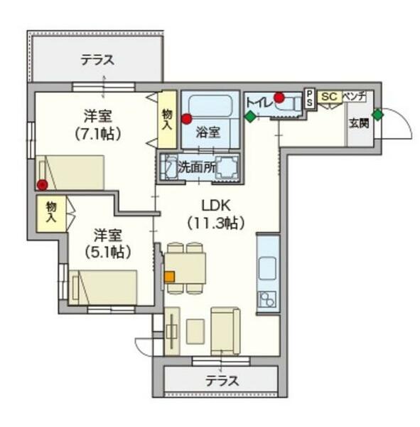 （シニア限定）ヘーベルヴィレッジ上板橋 105｜東京都板橋区中台２丁目(賃貸マンション2LDK・1階・57.96㎡)の写真 その2