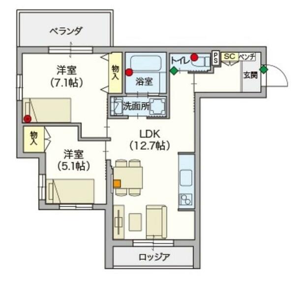 （シニア限定）ヘーベルヴィレッジ上板橋 205｜東京都板橋区中台２丁目(賃貸マンション2LDK・2階・58.79㎡)の写真 その2